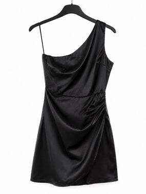 Ciao One Shoulder Satin Mini Dress Black Ruched Cocktail Party Size S NWOT
